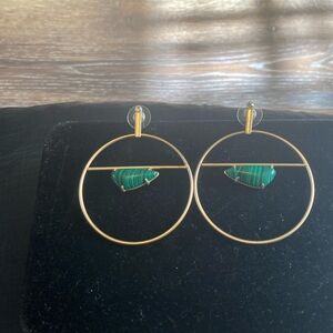 Large gold tone hoops earrings, with Malachite Gemstone!